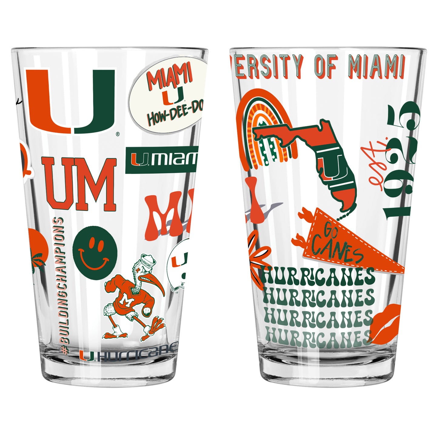 The Memory Company Miami Hurricanes 2-Pack 16oz. Pint Glass Loco Design Set