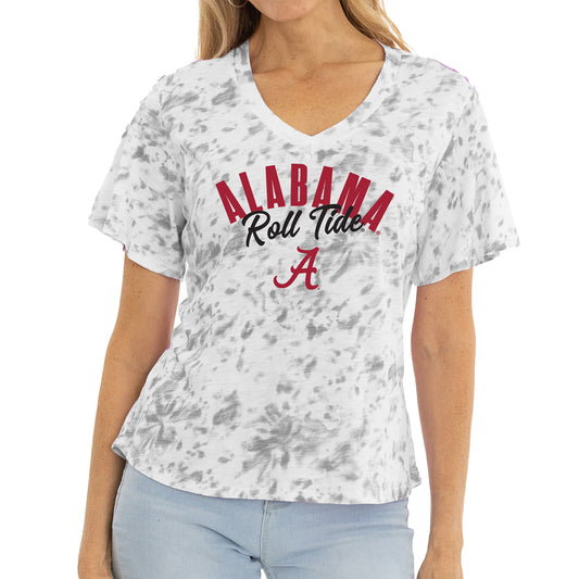 Women's White/Gray Alabama Crimson Tide Faye Tie-Dye V-Neck T-Shirt