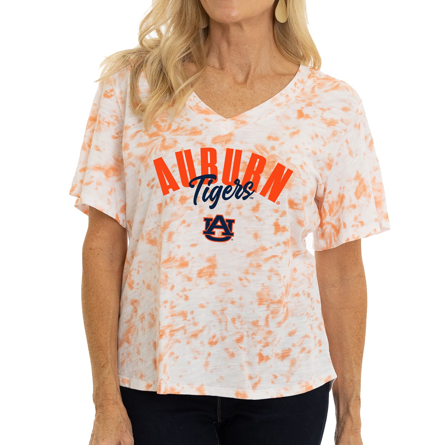 Women's White/Orange Auburn Tigers Faye Tie-Dye V-Neck T-Shirt