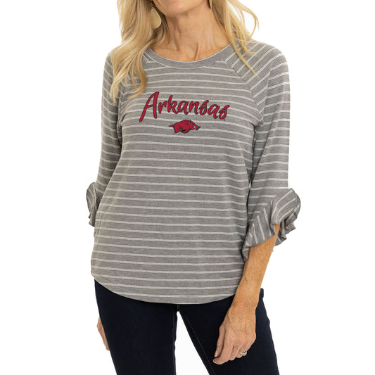 Women's Heather Gray Arkansas Razorbacks Renatta Striped Ruffle Sleeve Top