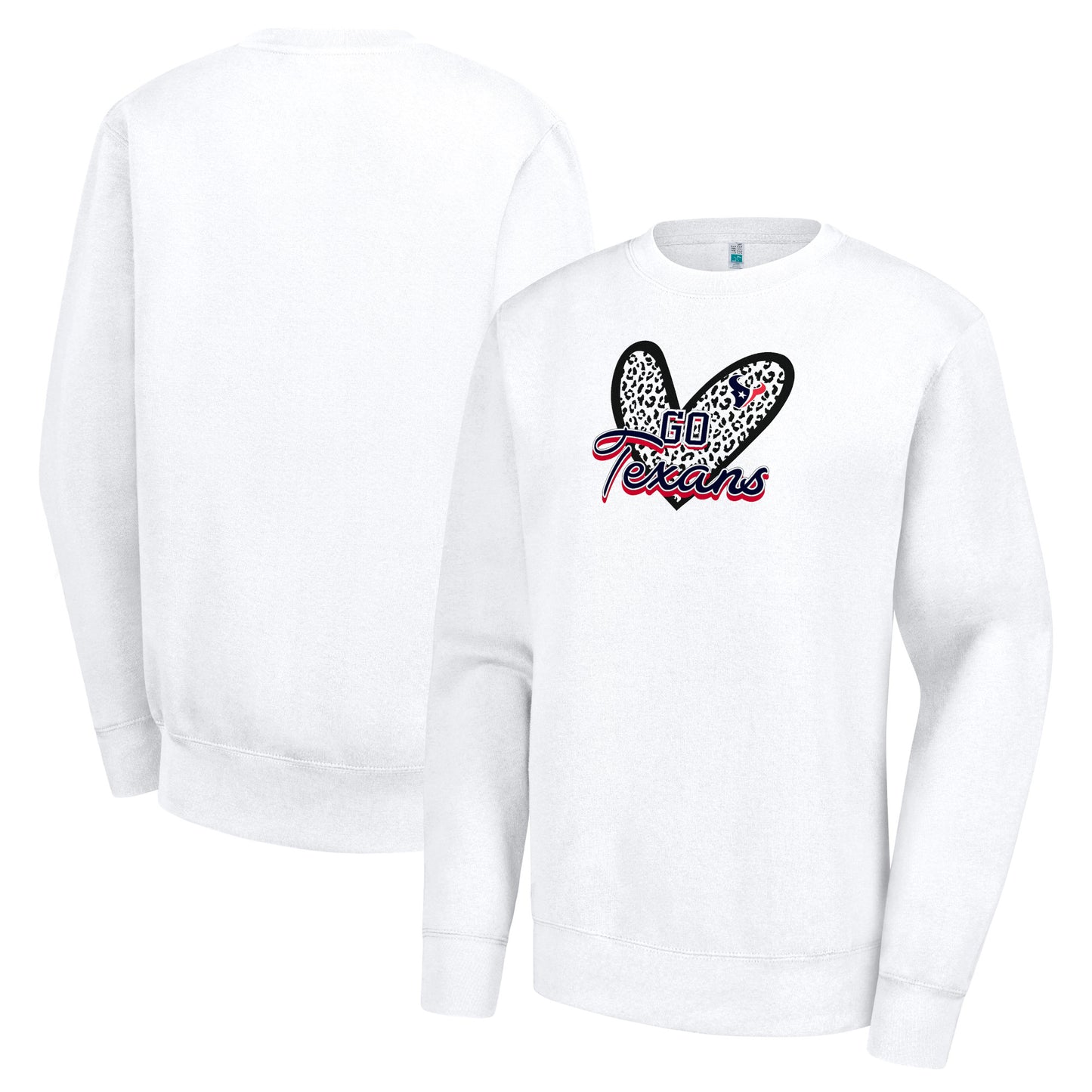 Women's G-III 4Her by Carl Banks White Houston Texans Leopard Heart Pullover Sweatshirt