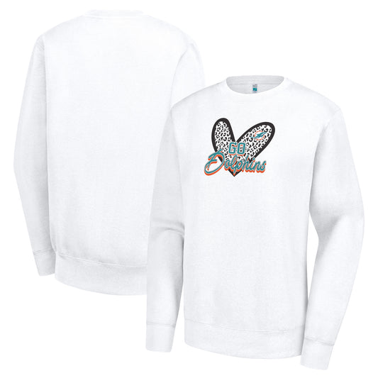 Women's G-III 4Her by Carl Banks White Miami Dolphins Leopard Heart Pullover Sweatshirt