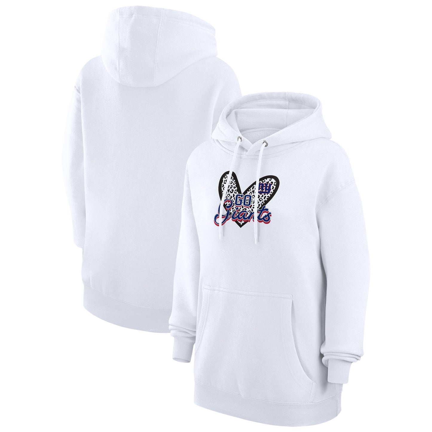 Women's G-III 4Her by Carl Banks White New York Giants Animal Print Heart Team Graphic Fleece Tri-Blend Pullover Hoodie