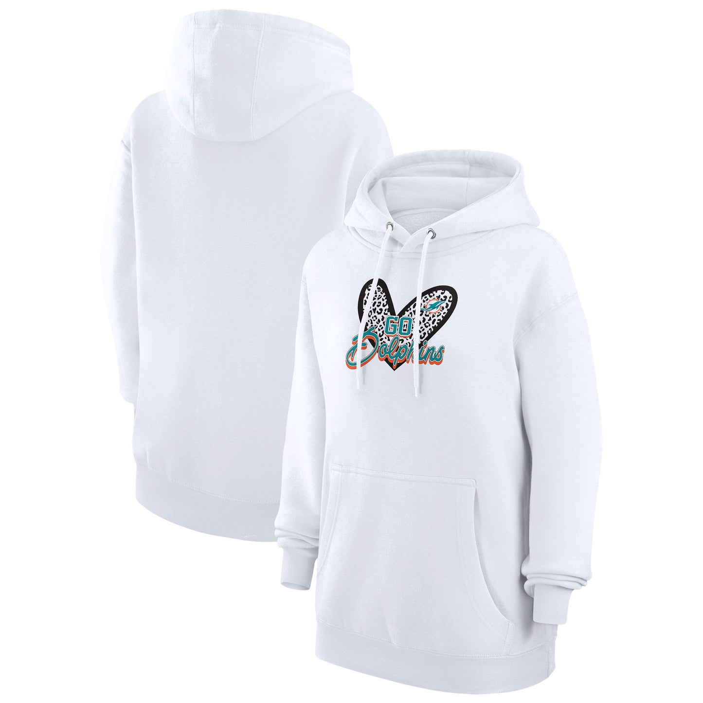 Women's G-III 4Her by Carl Banks White Miami Dolphins Animal Print Heart Team Graphic Fleece Tri-Blend Pullover Hoodie