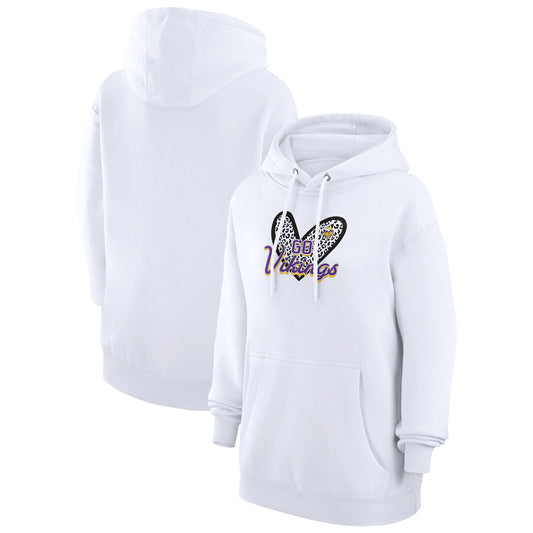 Women's G-III 4Her by Carl Banks White Minnesota Vikings Animal Print Heart Team Graphic Fleece Tri-Blend Pullover Hoodie