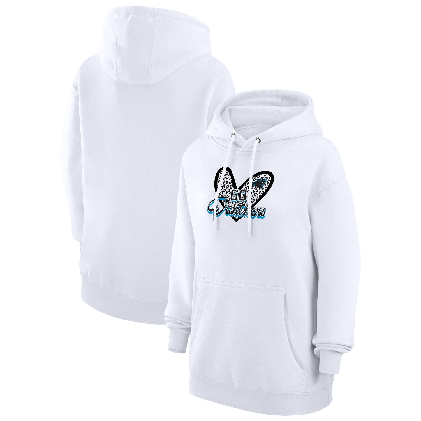 Women's G-III 4Her by Carl Banks White Carolina Panthers Animal Print Heart Team Graphic Fleece Tri-Blend Pullover Hoodie