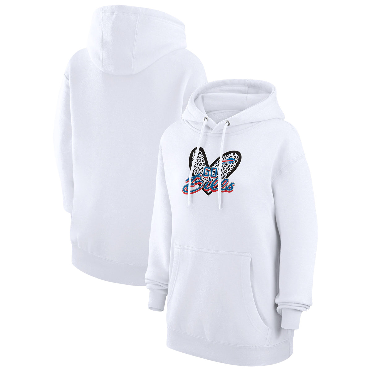 Women's G-III 4Her by Carl Banks White Buffalo Bills Animal Print Heart Team Graphic Fleece Tri-Blend Pullover Hoodie