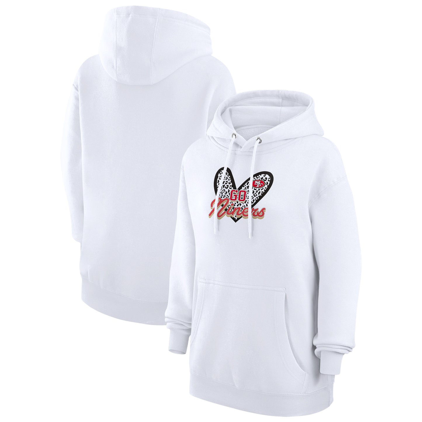 Women's G-III 4Her by Carl Banks White San Francisco 49ers Animal Print Heart Team Graphic Fleece Tri-Blend Pullover Hoodie