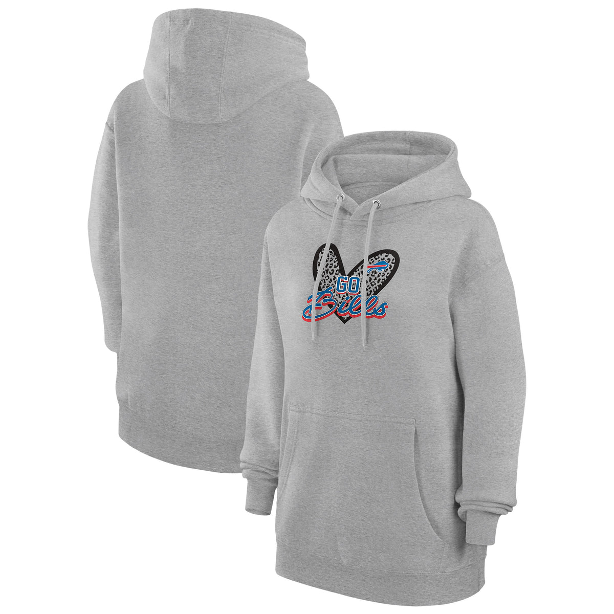 Women's G-III 4Her by Carl Banks Heather Gray Buffalo Bills Animal Print Heart Team Graphic Fleece Tri-Blend Pullover Hoodie