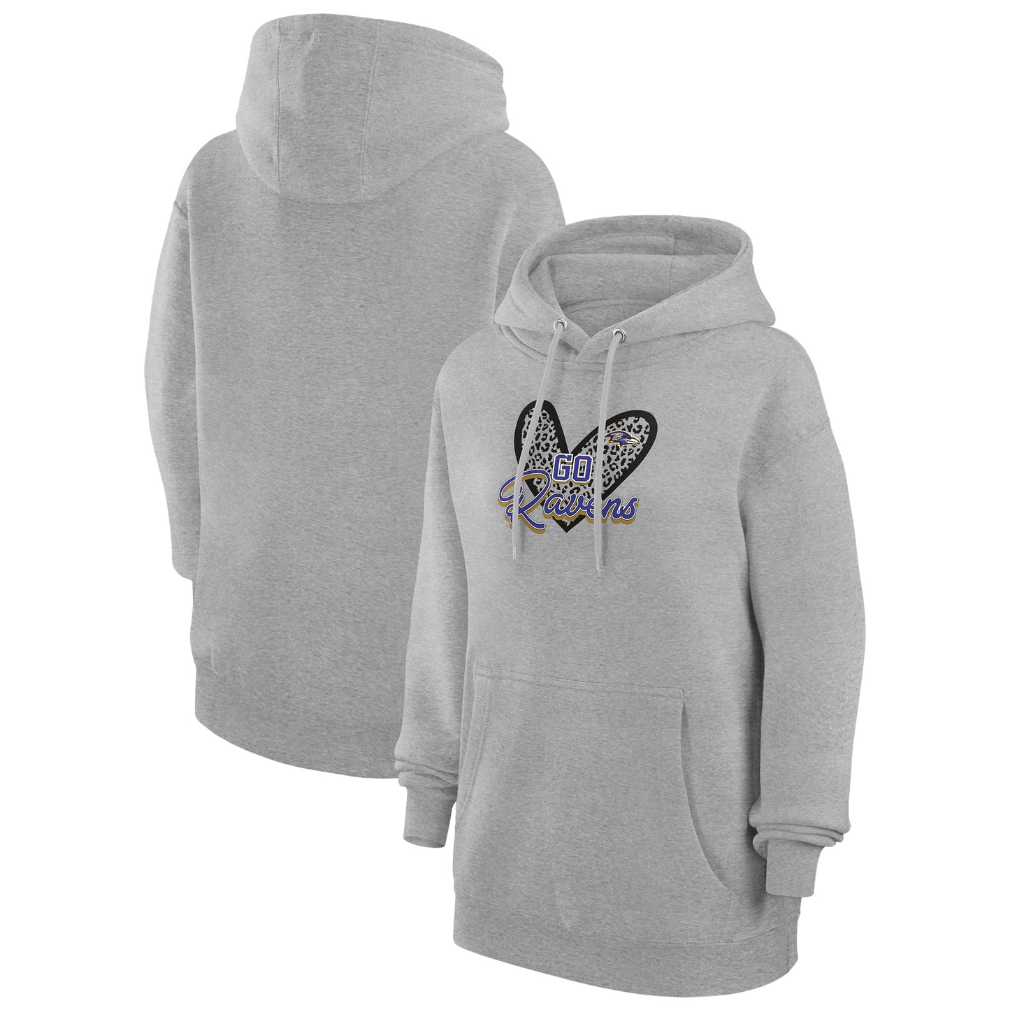 Women's G-III 4Her by Carl Banks Heather Gray Baltimore Ravens Animal Print Heart Team Graphic Fleece Tri-Blend Pullover Hoodie