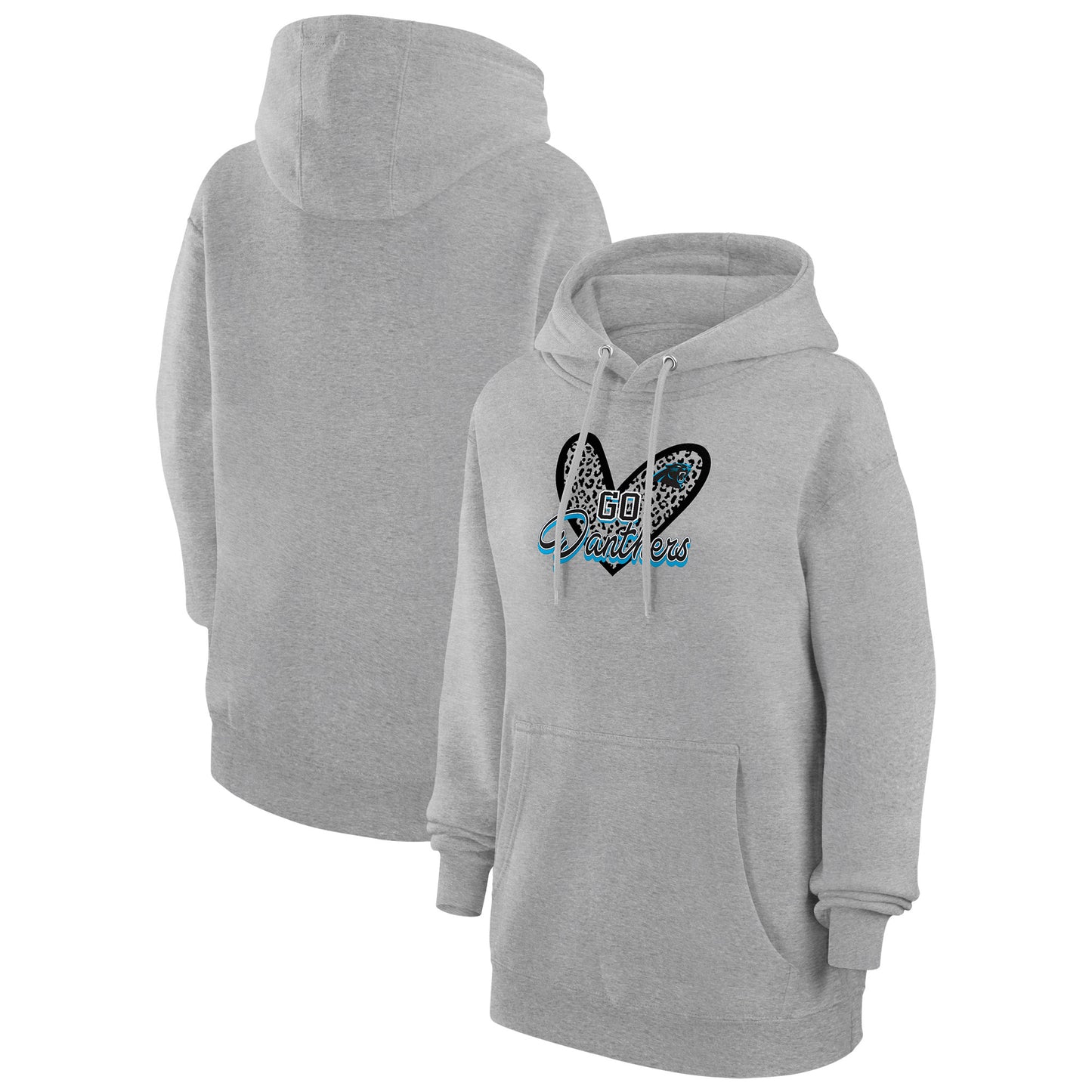 Women's G-III 4Her by Carl Banks Heather Gray Carolina Panthers Animal Print Heart Team Graphic Fleece Tri-Blend Pullover Hoodie