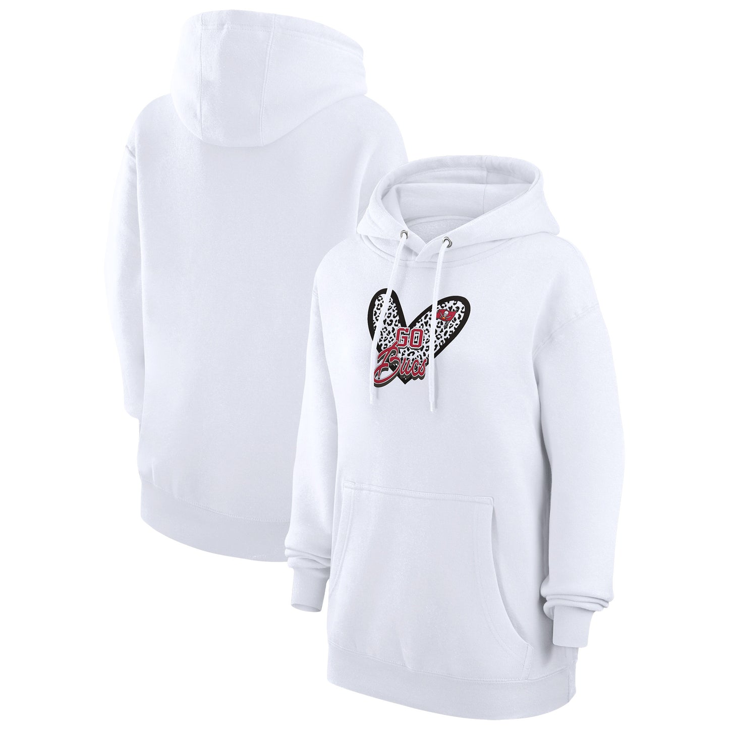 Women's G-III 4Her by Carl Banks White Tampa Bay Buccaneers Animal Print Heart Team Graphic Fleece Tri-Blend Pullover Hoodie