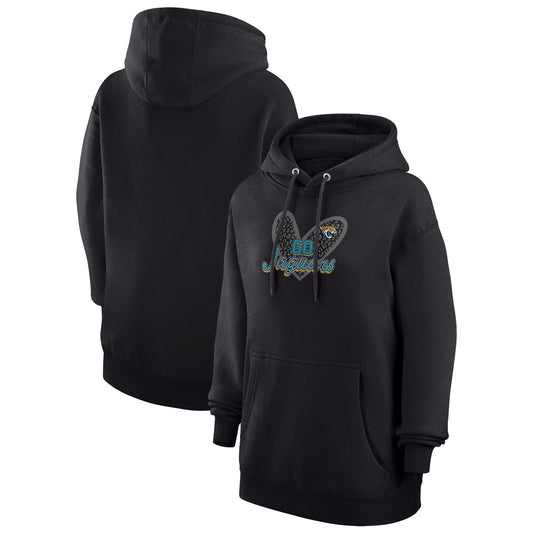 Women's G-III 4Her by Carl Banks Black Jacksonville Jaguars Animal Print Heart Team Graphic Fleece Tri-Blend Pullover Hoodie