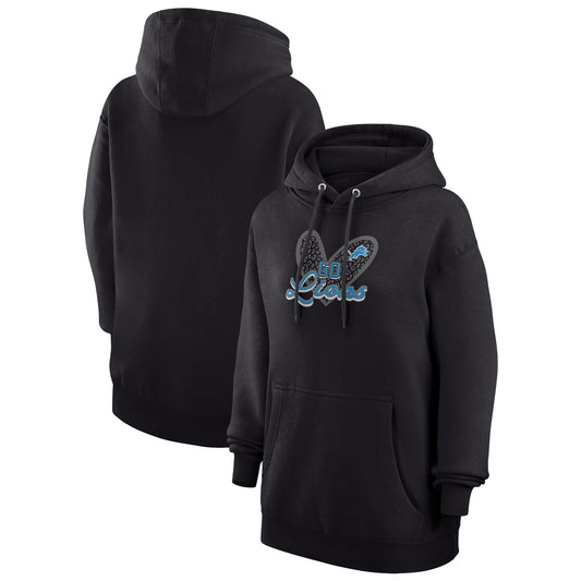 Women's G-III 4Her by Carl Banks Black Detroit Lions Animal Print Heart Team Graphic Fleece Tri-Blend Pullover Hoodie