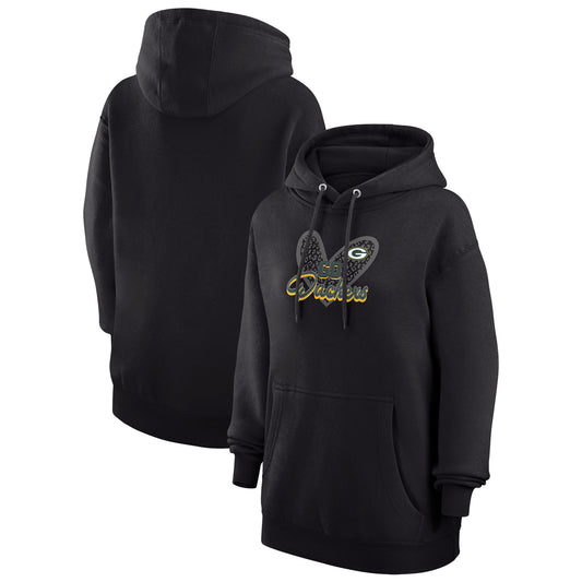 Women's G-III 4Her by Carl Banks Black Green Bay Packers Animal Print Heart Team Graphic Fleece Tri-Blend Pullover Hoodie