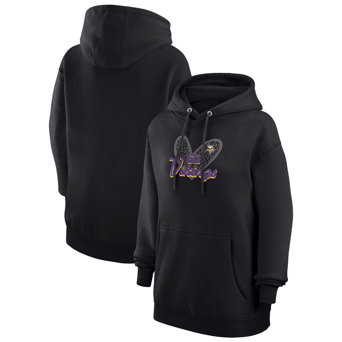 Women's G-III 4Her by Carl Banks Black Minnesota Vikings Animal Print Heart Team Graphic Fleece Tri-Blend Pullover Hoodie