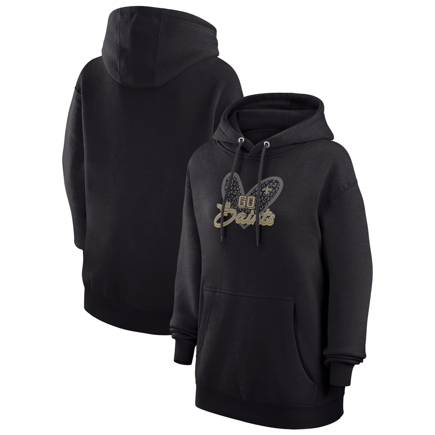 Women's G-III 4Her by Carl Banks Black New Orleans Saints Animal Print Heart Team Graphic Fleece Tri-Blend Pullover Hoodie