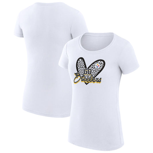 Women's G-III 4Her by Carl Banks White Pittsburgh Steelers Animal Print Heart Fitted T-Shirt