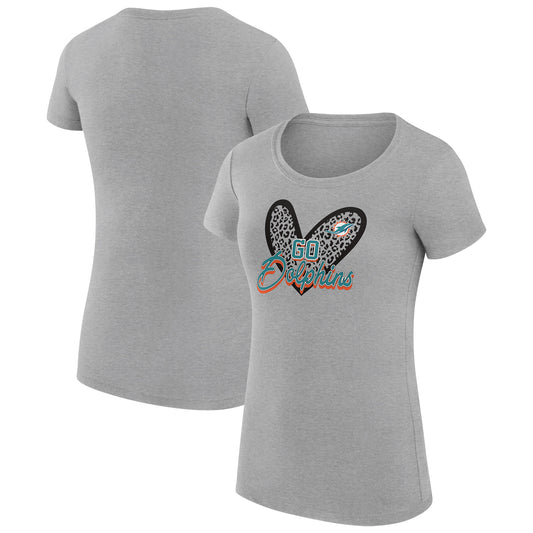 Women's G-III 4Her by Carl Banks Heather Gray Miami Dolphins Animal Print Heart Fitted T-Shirt