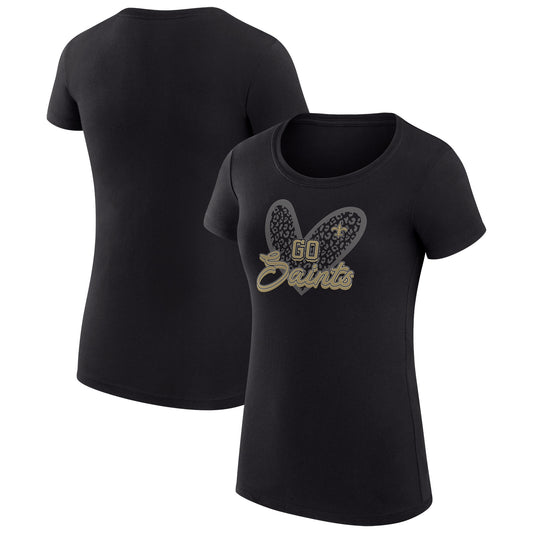 Women's G-III 4Her by Carl Banks Black New Orleans Saints Animal Print Heart Fitted T-Shirt