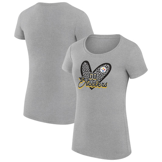 Women's G-III 4Her by Carl Banks Heather Gray Pittsburgh Steelers Animal Print Heart Fitted T-Shirt