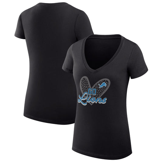 Women's G-III 4Her by Carl Banks Black Detroit Lions Leopard Heart Fitted V-Neck T-Shirt