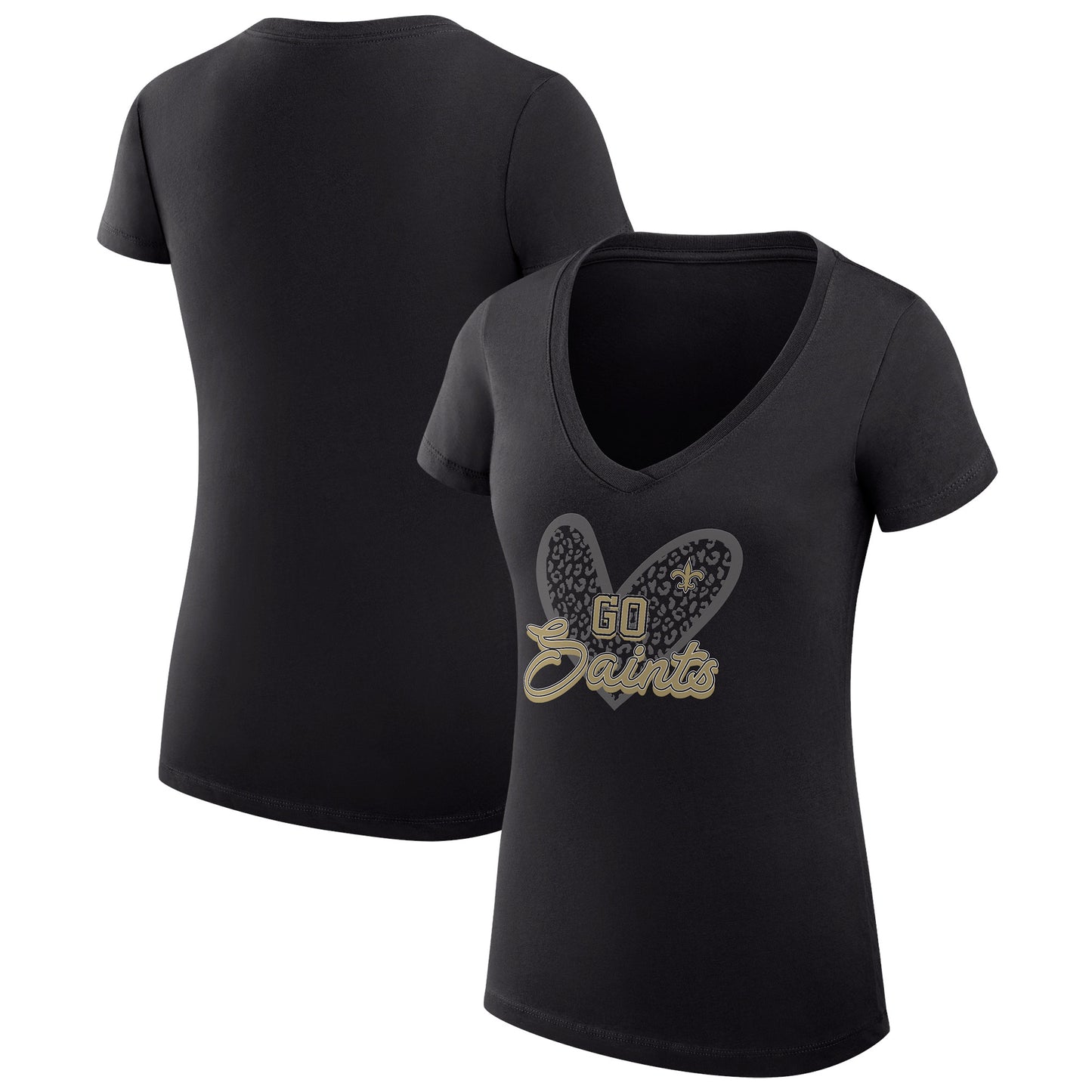 Women's G-III 4Her by Carl Banks Black New Orleans Saints Leopard Heart Fitted V-Neck T-Shirt