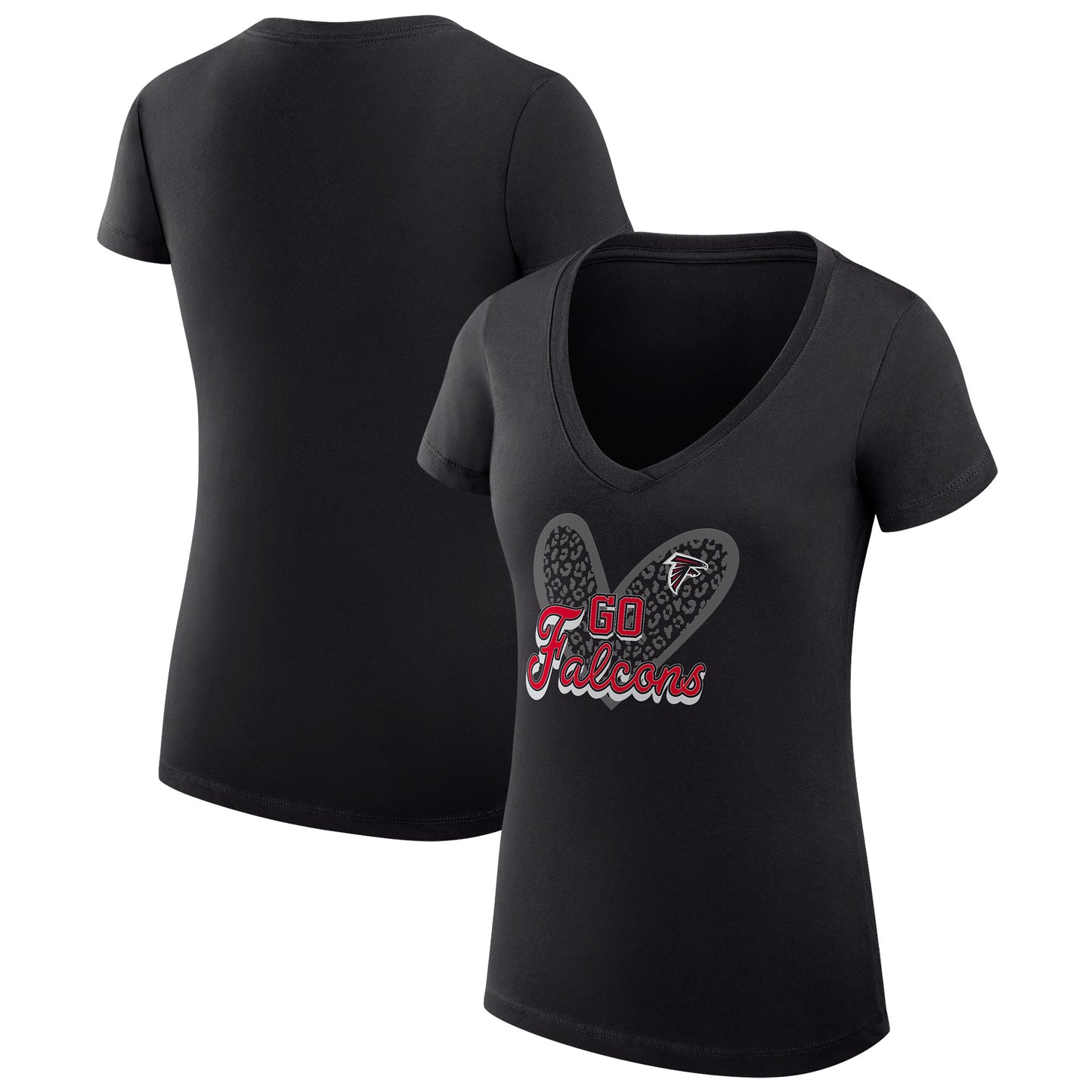 Women's G-III 4Her by Carl Banks Black Atlanta Falcons Leopard Heart Fitted V-Neck T-Shirt