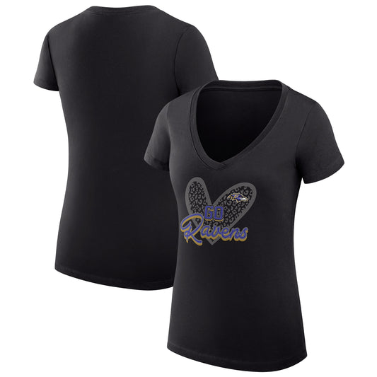 Women's G-III 4Her by Carl Banks Black Baltimore Ravens Leopard Heart Fitted V-Neck T-Shirt