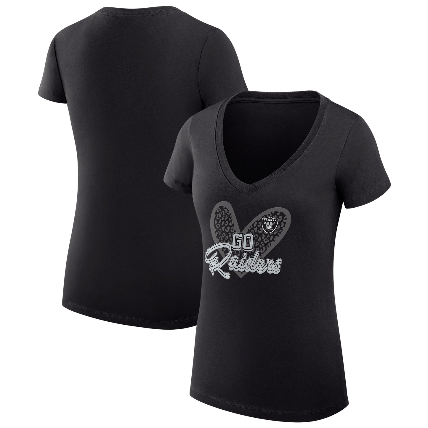 Women's G-III 4Her by Carl Banks Black Las Vegas Raiders Leopard Heart Fitted V-Neck T-Shirt