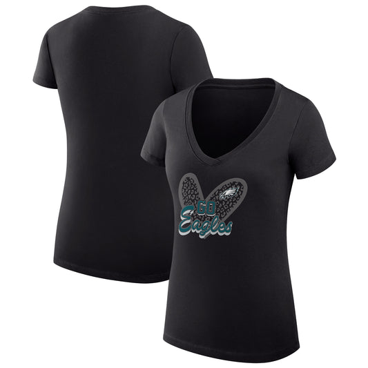 Women's G-III 4Her by Carl Banks Black Philadelphia Eagles Leopard Heart Fitted V-Neck T-Shirt