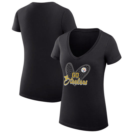 Women's G-III 4Her by Carl Banks Black Pittsburgh Steelers Leopard Heart Fitted V-Neck T-Shirt