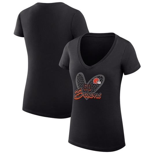 Women's G-III 4Her by Carl Banks Black Cleveland Browns Leopard Heart Fitted V-Neck T-Shirt