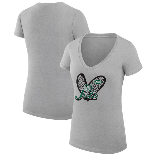 Women's G-III 4Her by Carl Banks Heather Gray New York Jets Leopard Heart Fitted V-Neck T-Shirt