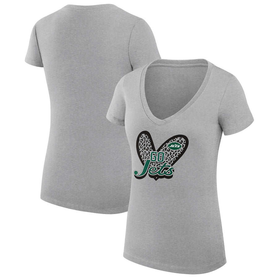 Women's G-III 4Her by Carl Banks Heather Gray New York Jets Leopard Heart Fitted V-Neck T-Shirt