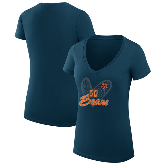 Women's G-III 4Her by Carl Banks Navy Chicago Bears Leopard Heart Fitted V-Neck T-Shirt