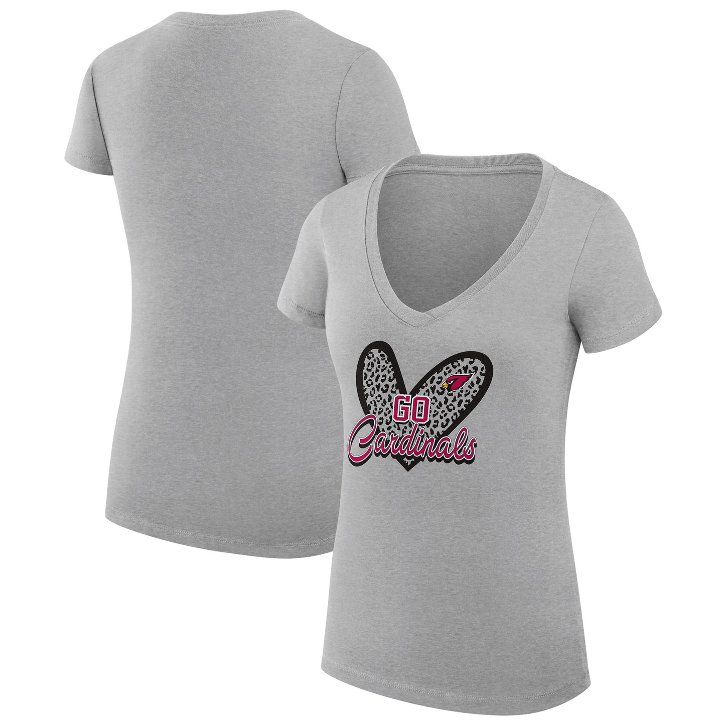 Women's G-III 4Her by Carl Banks Heather Gray Arizona Cardinals Leopard Heart Fitted V-Neck T-Shirt