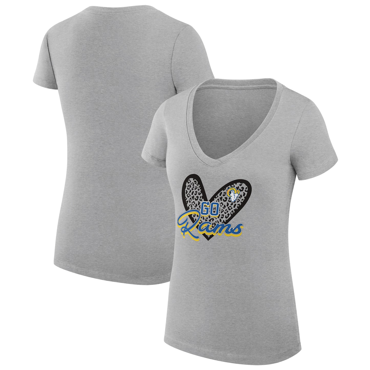 Women's G-III 4Her by Carl Banks Heather Gray Los Angeles Rams Leopard Heart Fitted V-Neck T-Shirt