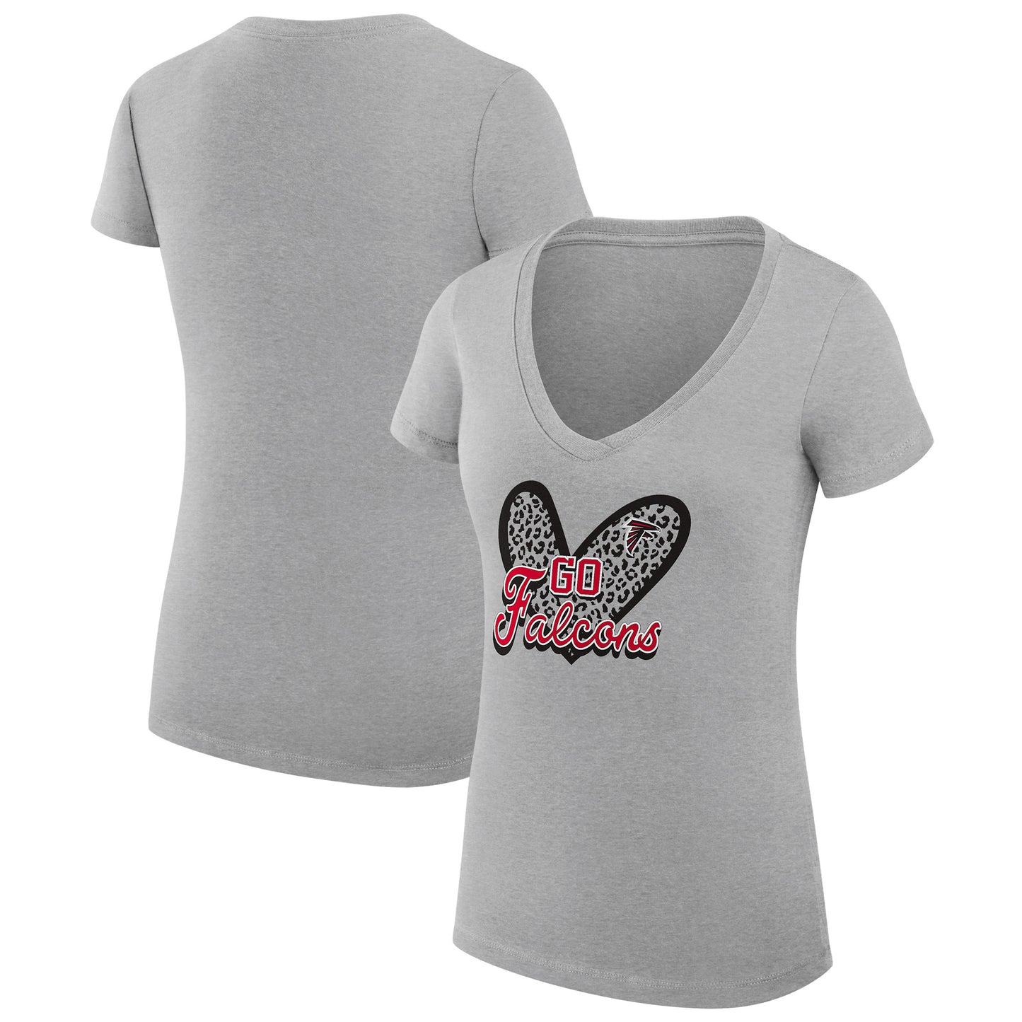 Women's G-III 4Her by Carl Banks Heather Gray Atlanta Falcons Leopard Heart Fitted V-Neck T-Shirt