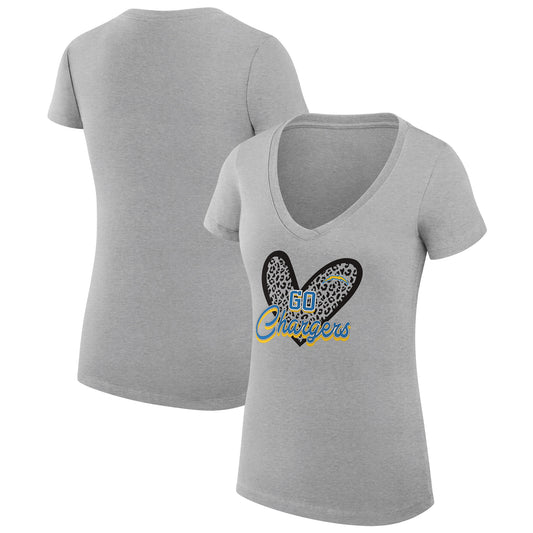 Women's G-III 4Her by Carl Banks Heather Gray Los Angeles Chargers Leopard Heart Fitted V-Neck T-Shirt