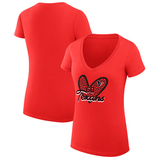 Women's G-III 4Her by Carl Banks Red Houston Texans Leopard Heart Fitted V-Neck T-Shirt