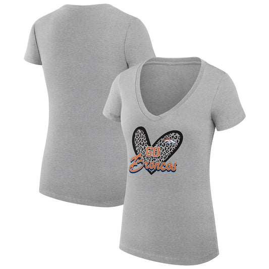 Women's G-III 4Her by Carl Banks Heather Gray Denver Broncos Leopard Heart Fitted V-Neck T-Shirt