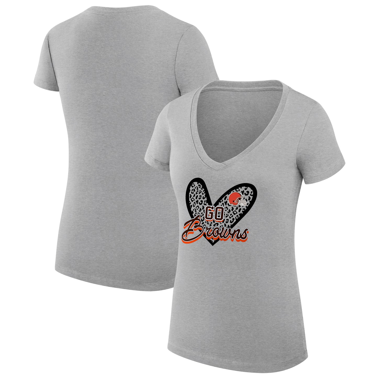 Women's G-III 4Her by Carl Banks Heather Gray Cleveland Browns Leopard Heart Fitted V-Neck T-Shirt