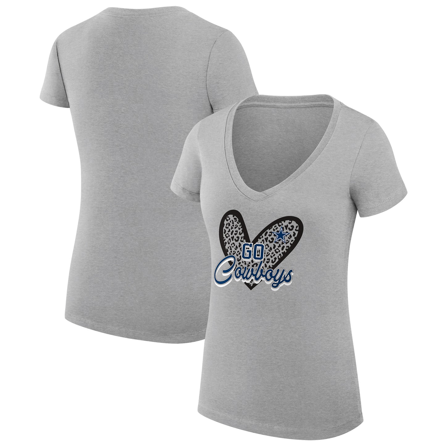 Women's G-III 4Her by Carl Banks Heather Gray Dallas Cowboys Leopard Heart Fitted V-Neck T-Shirt