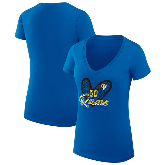 Women's G-III 4Her by Carl Banks Royal Los Angeles Rams Leopard Heart Fitted V-Neck T-Shirt