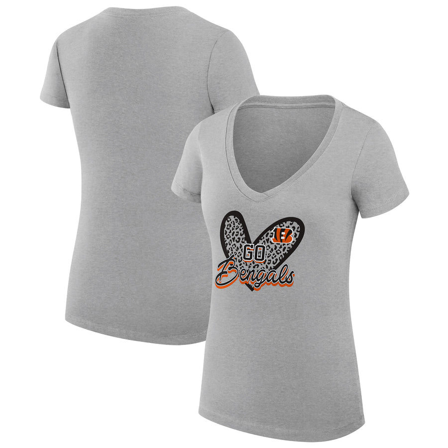 Women's G-III 4Her by Carl Banks Heather Gray Cincinnati Bengals Leopard Heart Fitted V-Neck T-Shirt