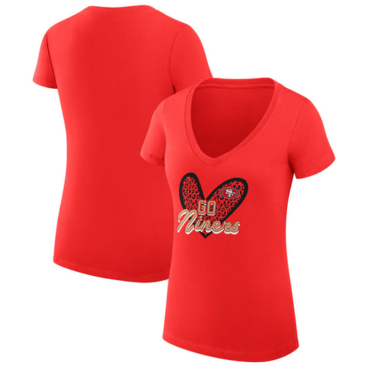 Women's G-III 4Her by Carl Banks Scarlet San Francisco 49ers Leopard Heart Fitted V-Neck T-Shirt