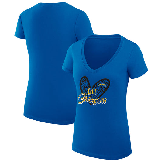 Women's G-III 4Her by Carl Banks Royal Los Angeles Chargers Leopard Heart Fitted V-Neck T-Shirt