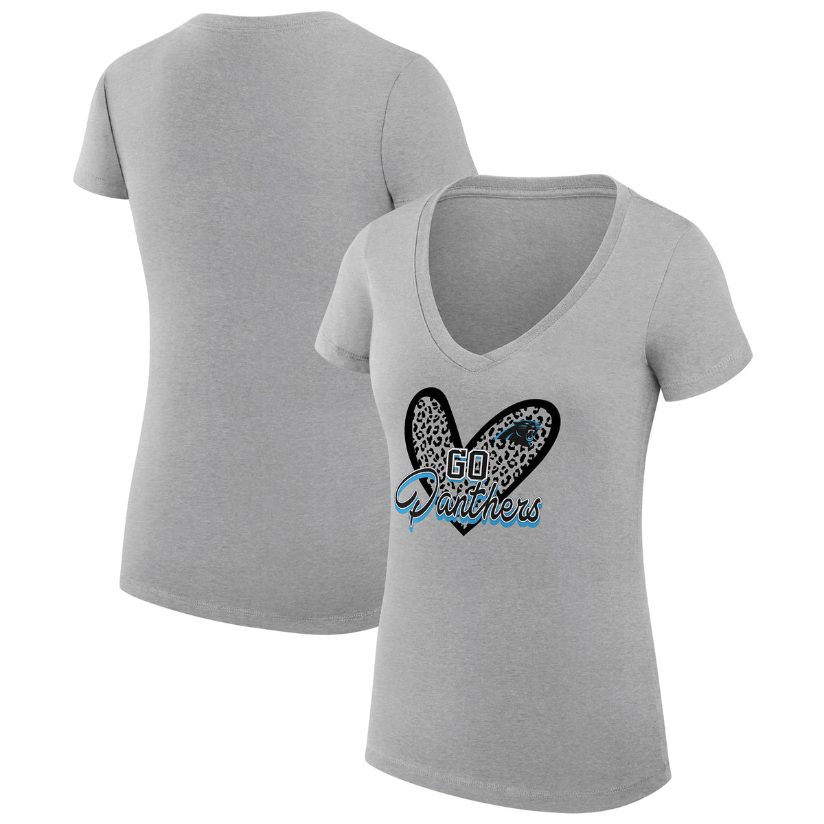Women's G-III 4Her by Carl Banks Heather Gray Carolina Panthers Leopard Heart Fitted V-Neck T-Shirt