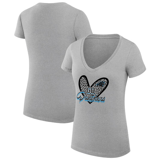 Women's G-III 4Her by Carl Banks Heather Gray Carolina Panthers Leopard Heart Fitted V-Neck T-Shirt